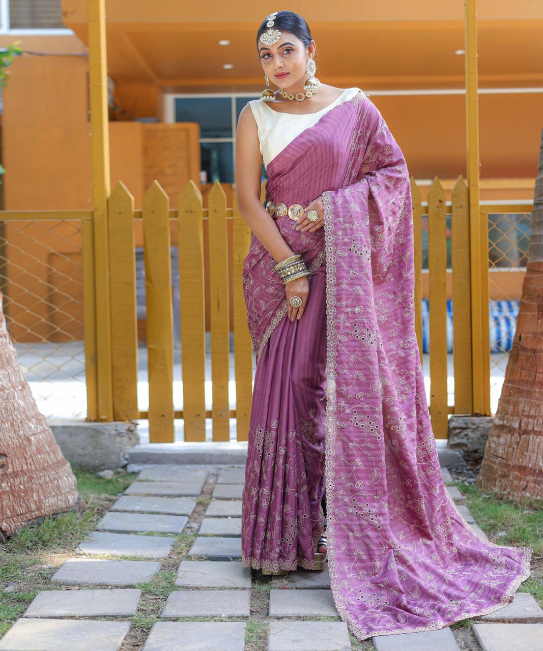 Women's Royal Prussian Blue Georgette Saree with Intricate Silver Thread & Mirror Work Embroidery β Perfect for Festive & Wedding Celebrations